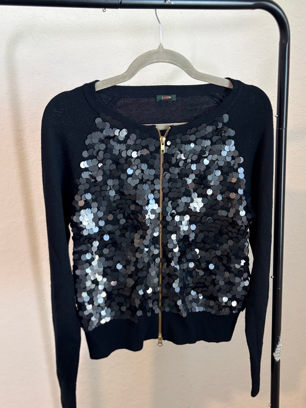J. Crew Black Sequin Front Zip Cardigan with Gold Zip